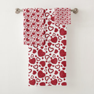 Hearts Red Roses Pattern Minimalist Valentine's Bath Towel Set