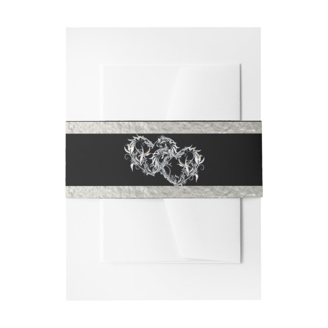 Hearts & Ribbon - Black/Silver Invitation Belly Band (Front Example)