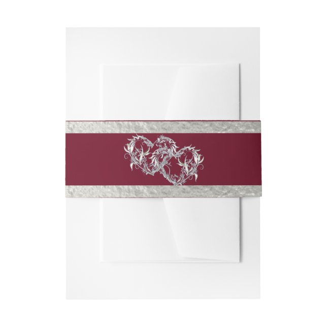Hearts & Ribbon - Burgundy/Silver Invitation Belly Band (Front Example)