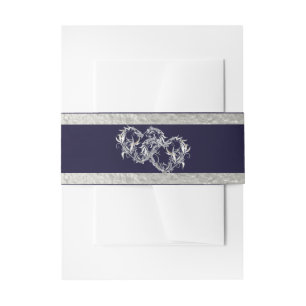 Hearts & Ribbon - Navy Blue/Silver Invitation Belly Band