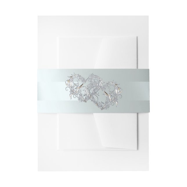 Hearts & Ribbon - Silver/Silver Invitation Belly Band (Front Example)