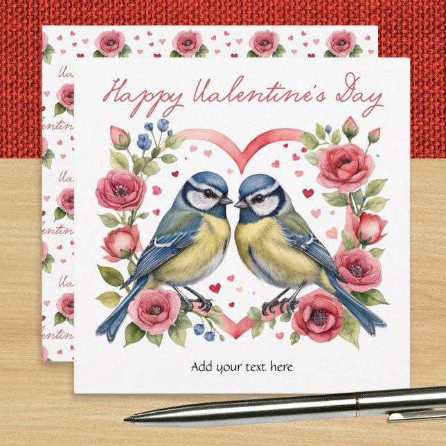 Hearts, Roses and Birds | Valentine's Day Holiday Card (A personalized Valentine's Day card with picture of two bluetits with love hearts and pink roses)