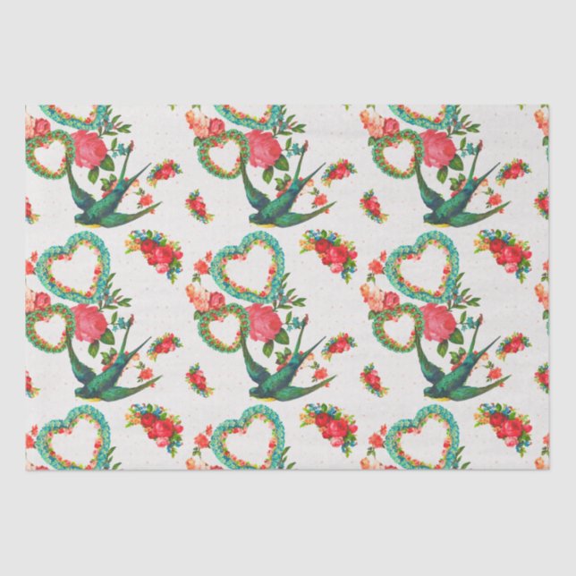 Hearts, Roses, and Hummingbirds Vintage Tissue Paper (Front)
