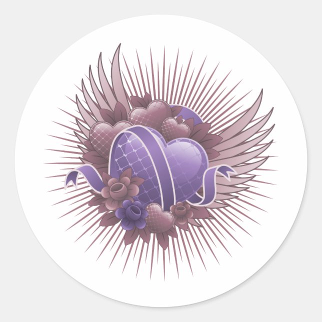 Hearts Roses and Wings Classic Round Sticker (Front)