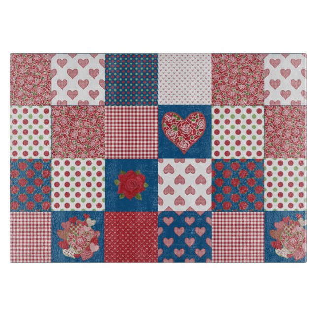 Hearts, Roses Faux Patchwork Glass Cutting Board (Front)