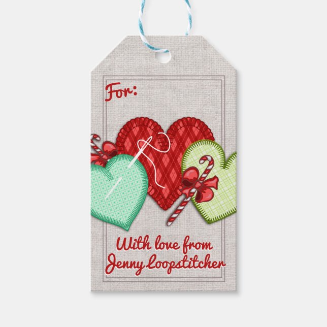 Hearts sewing needle seamstress Christmas tag (Front)