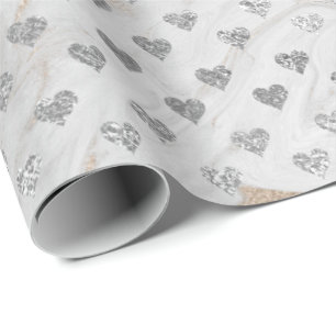 Hearts Silver Glam Pearly Ivory White Marble Glam Wrapping Paper