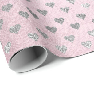 Hearts Silver Glam Pink Rose Pastel Shiny Wrapping Paper