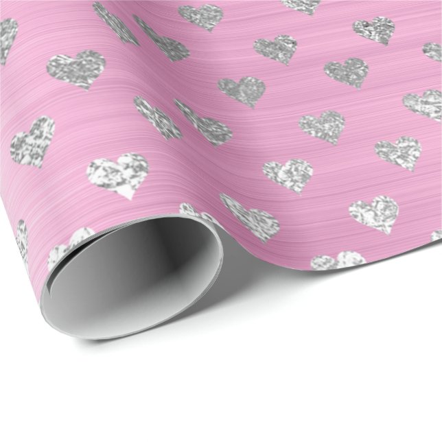 Hearts Silver Grey Metallic Pink  Rose Blush Wrapping Paper (Roll Corner)