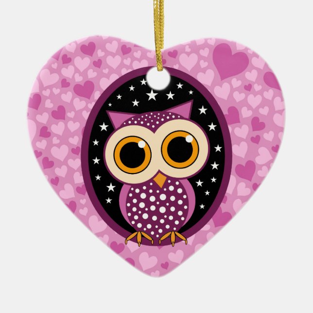 hearts, stars and owl ceramic tree decoration (Front)