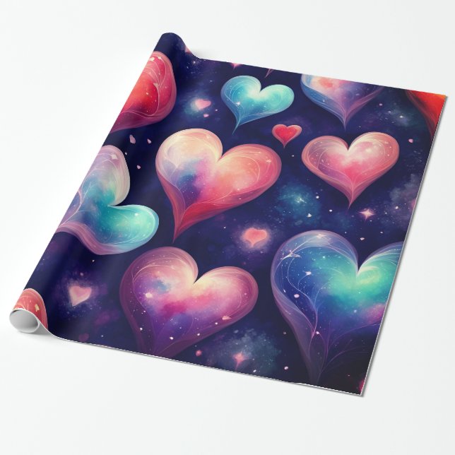 Hearts Stars Valentine Galaxy  Wrapping Paper (Unrolled)