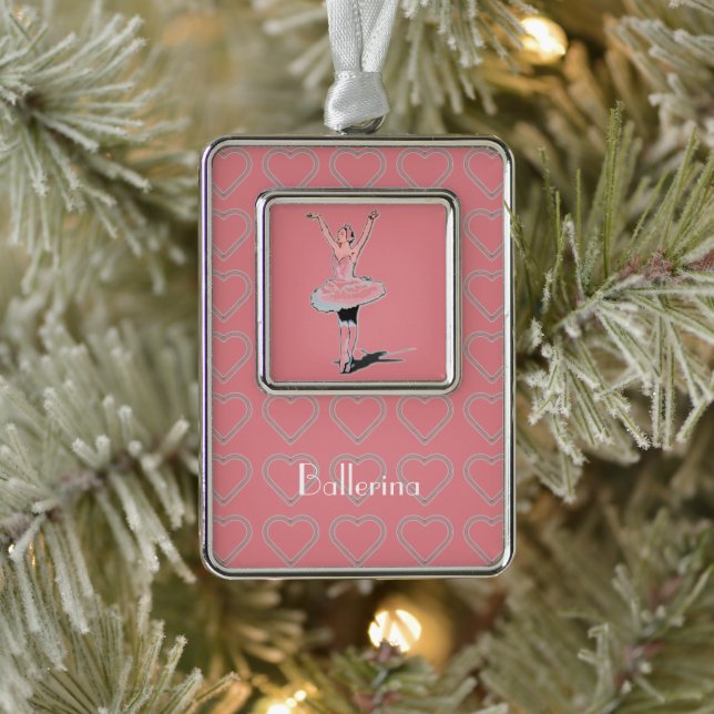 Hearts Themed Pink Ballerina Girl Silver Plated Framed Ornament (Tree)