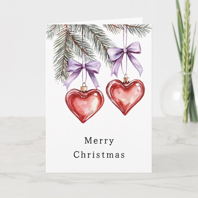 Hearts Trees Red Purple Bows Christmas Card (Front)