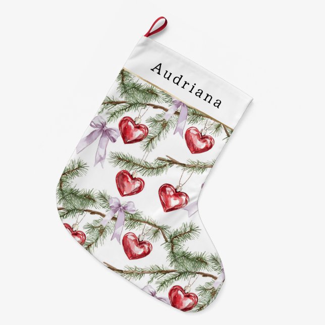 Hearts Trees Red Purple Bows Christmas Large Christmas Stocking (Front (Hanging))