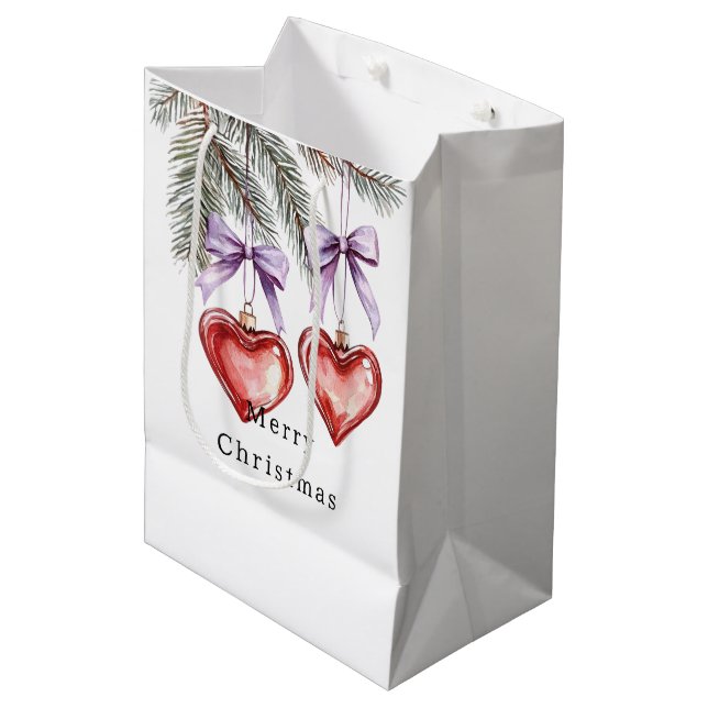 Hearts Trees Red Purple Bows Christmas Medium Gift Bag (Front Angled)