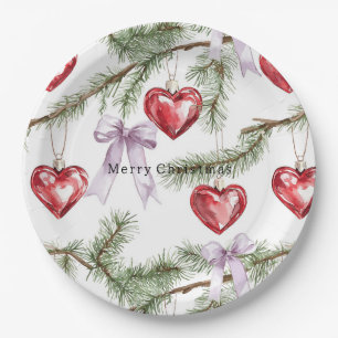 Hearts Trees Red Purple Bows Christmas Paper Plate