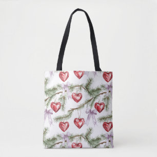 Hearts Trees Red Purple Bows Christmas Tote Bag