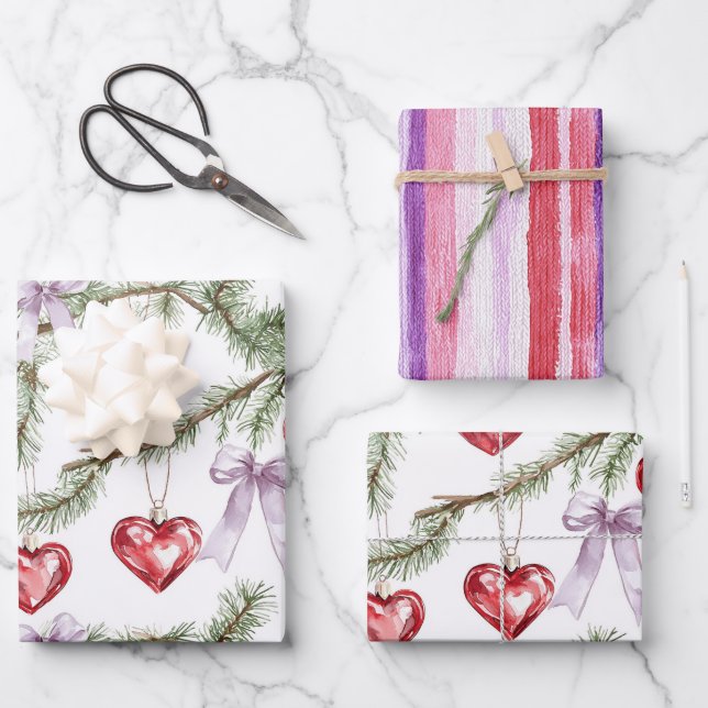 Hearts Trees Red Purple Bows Stripes Christmas Wrapping Paper Sheet (Front)