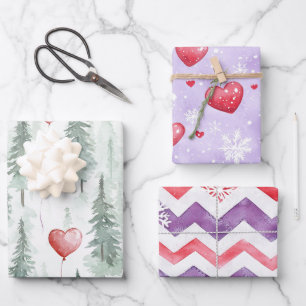 Hearts Trees Snowflakes Red Purple Christmas Wrapping Paper Sheet