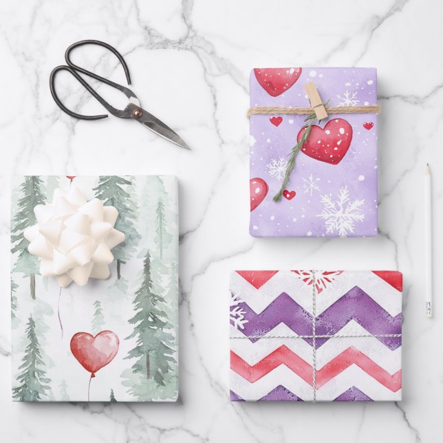 Hearts Trees Snowflakes Red Purple Christmas Wrapping Paper Sheet (Front)