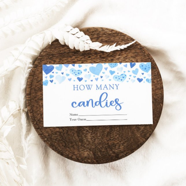 Hearts Valentine How Many Candies Baby Shower Game Enclosure Card (Watercolor Cute Blue Hearts Valentine Sweetheart Baby Boy How Many Candies Baby Shower Game Ticket)