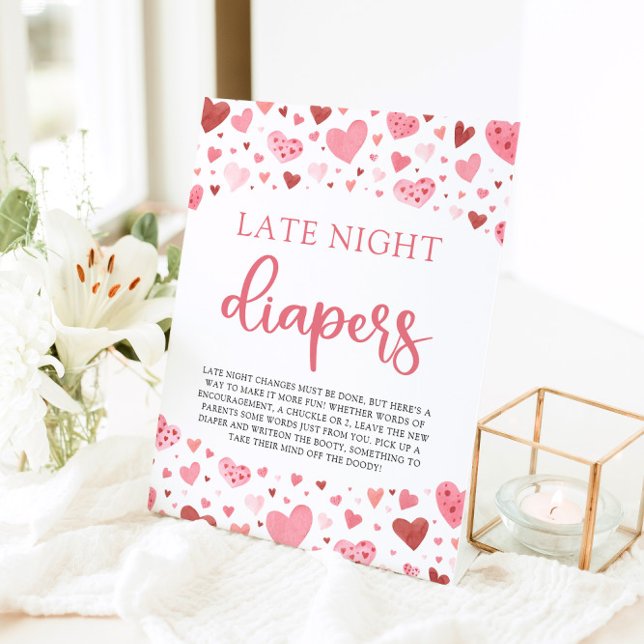 Hearts Valentine Late Night Diapers Baby Shower Pedestal Sign (Creator Uploaded)