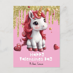 Hearts Valentines Day Unicorn Glitter Postcard