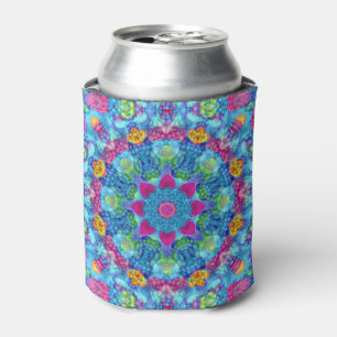 Hearts Vintage Violet & Blue Fractal Kaleidoscope Can Cooler