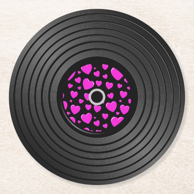 Hearts Vinyl Record Round Paper Coaster (Front)