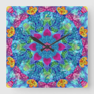 Hearts Violet & Blue Vintage Fractal Kaleidoscope Square Wall Clock