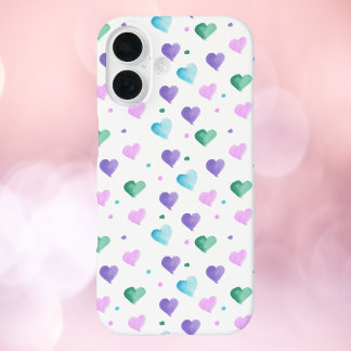Hearts Watercolor Pattern Green Blue Pink Purple iPhone 16 Case