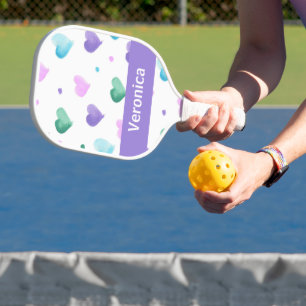 Hearts Watercolor Pattern Personalise Purple Pickleball Paddle