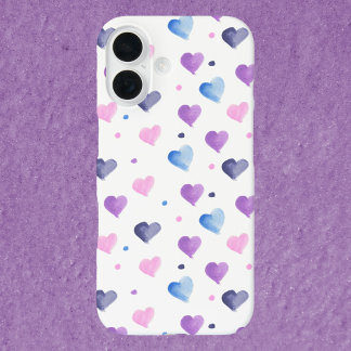 Hearts Watercolor Pattern Pink Blue Purple iPhone 16 Case