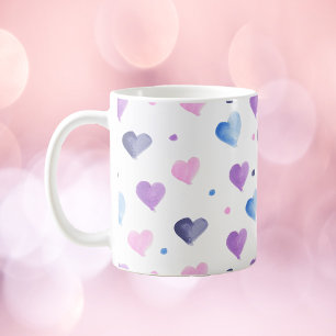 Hearts Watercolor Pattern Pink Blue Purple Coffee Mug