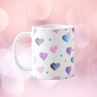 Hearts Watercolor Pattern Pink Blue Purple Coffee Mug