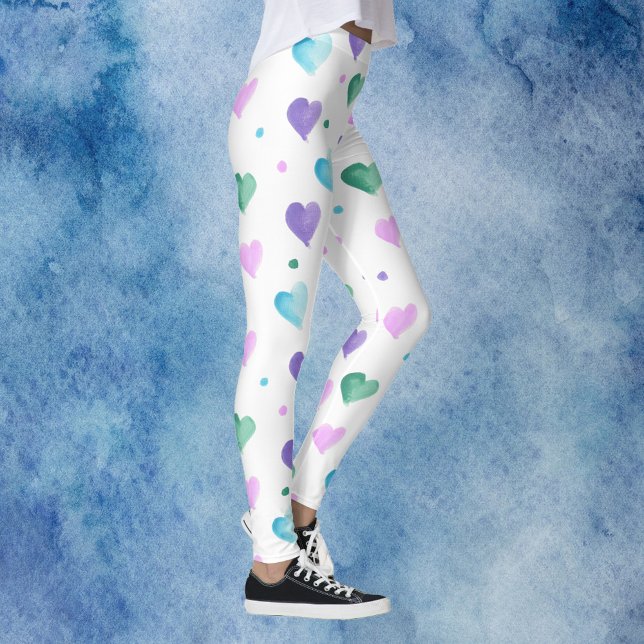 Hearts Watercolor Pattern Pink Blue Purple Green Leggings (A cute pair of leggings with watercolor hearts in green, blue, pink and purple.)