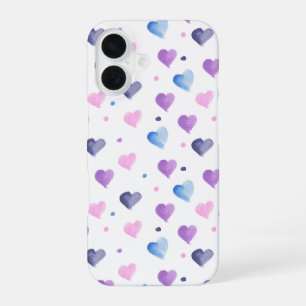 Hearts Watercolor Pattern Pink Blue Purple iPhone 16 Case