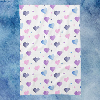 Hearts Watercolor Pattern Pink Blue Purple Tea Towel