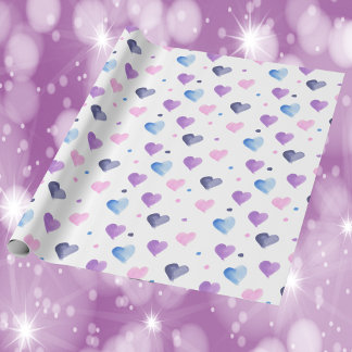 Hearts Watercolor Pattern Pink Blue Purple Wrapping Paper