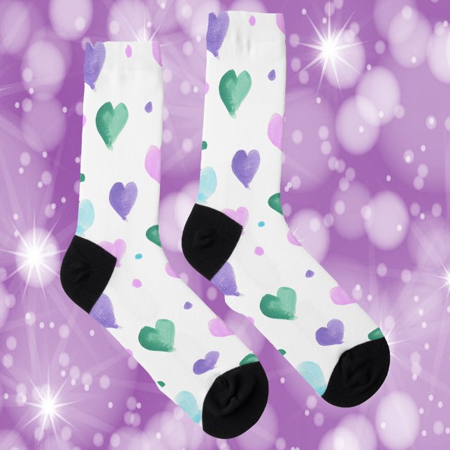 Hearts Watercolor Pattern Pink Green Blue Purple Socks (A pair of socks with a watercolor heart pattern in green, blue, pink and purple.)