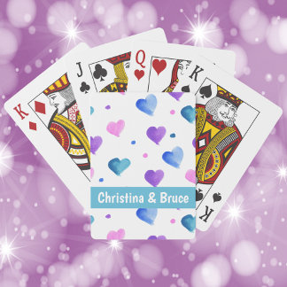 Hearts Watercolor Personalise Pink Blue Blue Playing Cards