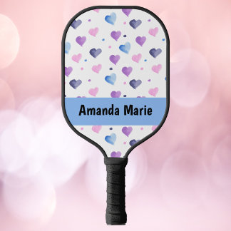 Hearts Watercolor Personalise Pink Blue Purple Pickleball Paddle