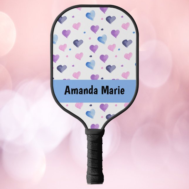 Hearts Watercolor Personalise Pink Blue Purple Pickleball Paddle (A pickle ball racket that you can personalize and has pink, blue and purple hearts.)