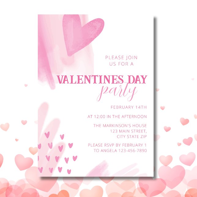 Hearts Watercolor Pink Valentines Day Party Invitation (Creator Uploaded)