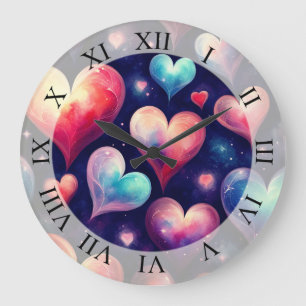 Hearts Watercolor Valentine Art Large Clock