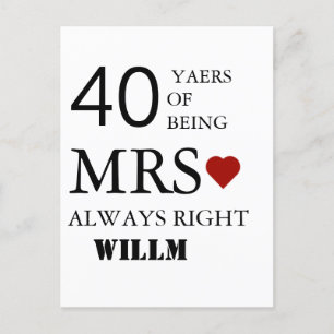 Hearts wedding 40th Anniversary Mr Mrs Right Postcard