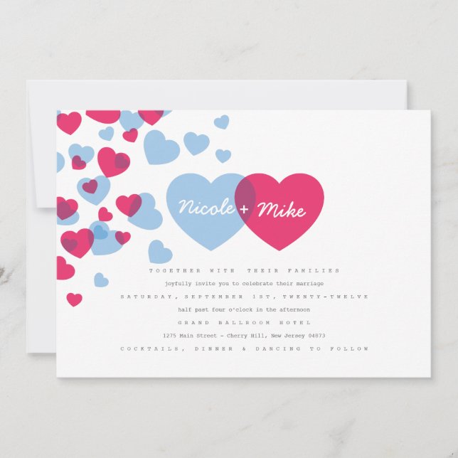 Hearts Wedding Invitation in Pink and Blue (Front)