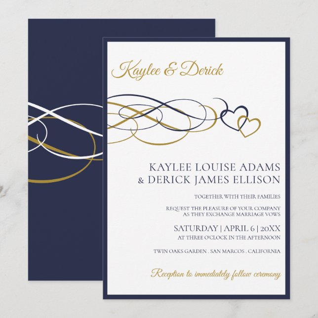 Hearts Wedding Invitations | Dark Navy Blue & Gold (Front/Back)