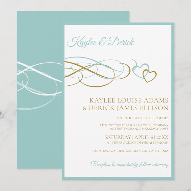 Hearts  Wedding Invitations | Lt Turquoise & Gold (Front/Back)
