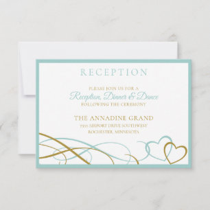 Hearts Wedding Reception Cards - Turquoise & Gold